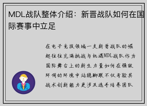 MDL战队整体介绍：新晋战队如何在国际赛事中立足