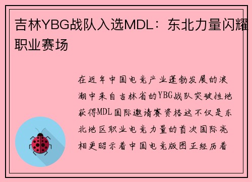吉林YBG战队入选MDL：东北力量闪耀职业赛场